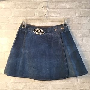 Vintage 70s Blue Leather Suede True Vintage Wrap Mini Skirt
